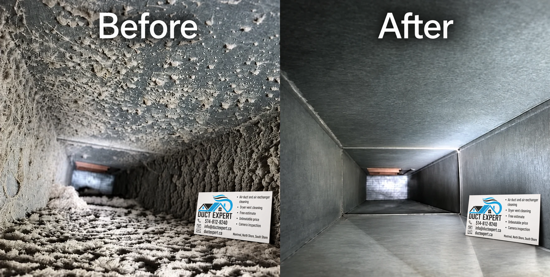 Inside an air duct before and after cleaning