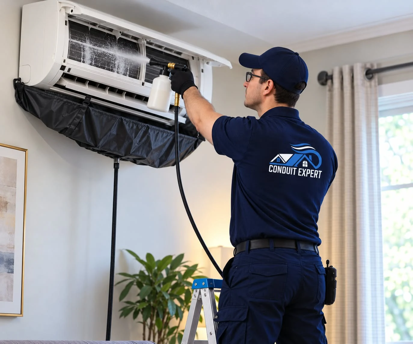Technicien Conduit Expert nettoyant un climatiseur mural